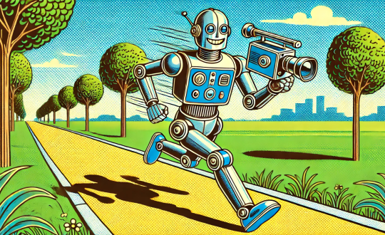 AI comic book style art of blue and silver smiling robot carrying video camera running down yellow path between green trees and grass