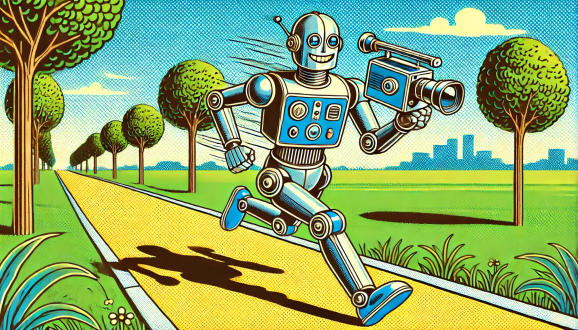 AI comic book style art of blue and silver smiling robot carrying video camera running down yellow path between green trees and grass