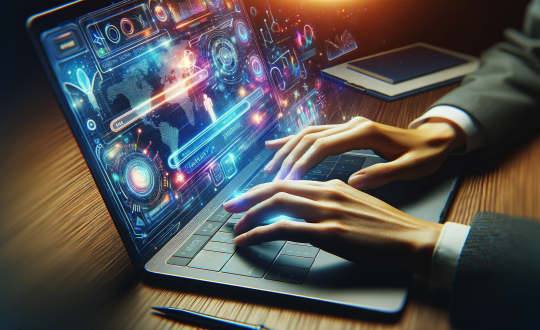 A person's hands type on a laptop displaying a futuristic search interfaces with red and blue holographic elements.