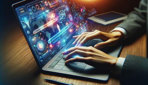 A person's hands type on a laptop displaying a futuristic search interfaces with red and blue holographic elements.