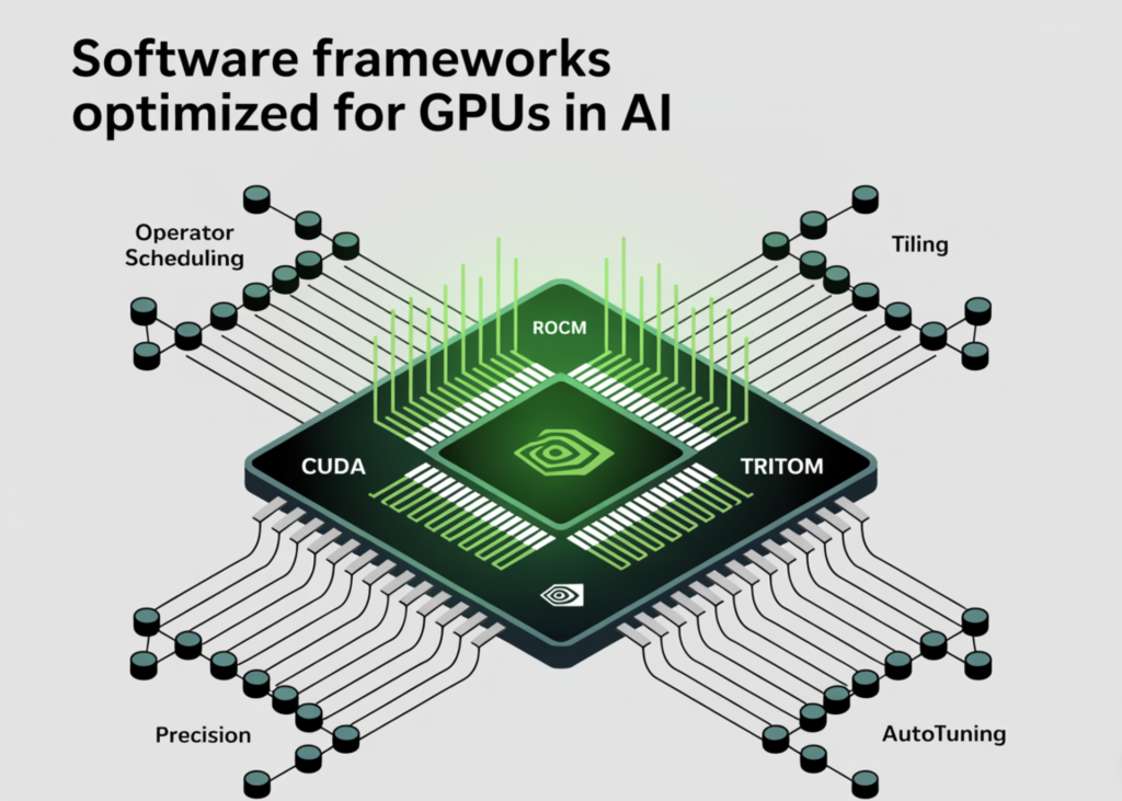 Software Frameworks Optimized for GPUs in AI: CUDA, ROCm, Triton, TensorRT—Compiler Paths and Performance Implications