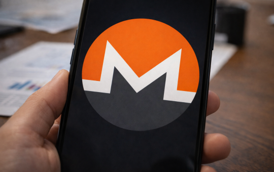 A smartphone held in hand displays the Monero cryptocurrency logo on its screen, with financial documents blurred in the background.