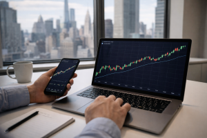 An investor checks rising cryptocurrency charts on a laptop and smartphone with a city skyline visible through the office window.