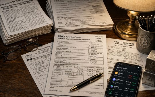 IRS Form 1099-DA beside crypto account records and a phone portfolio app, showing how 2025 coin swaps and sales can still be reported for tax filing