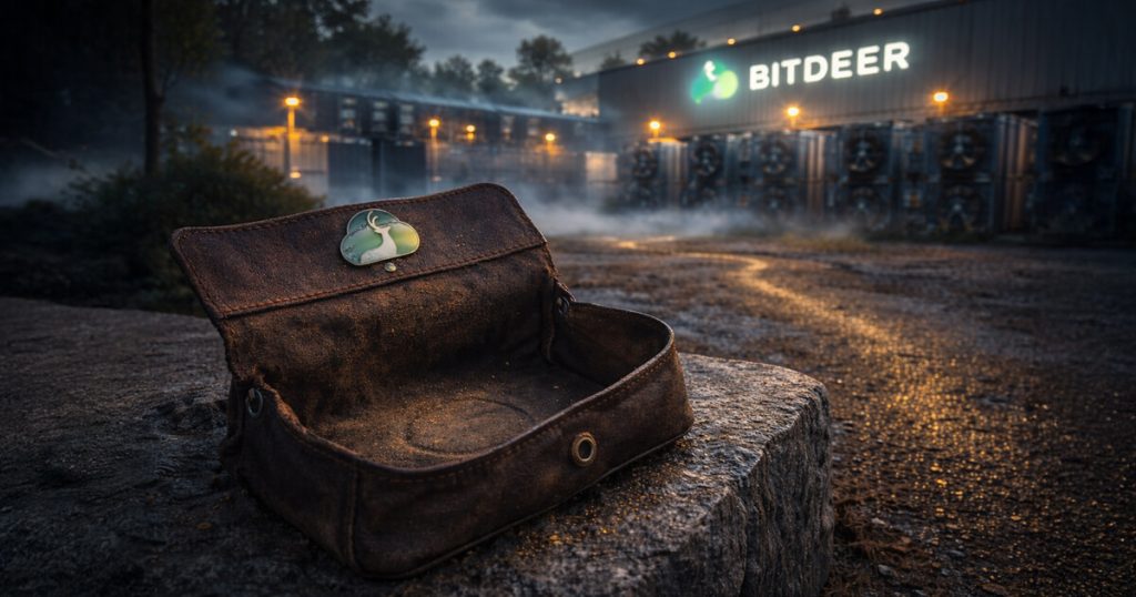 Empty leather wallet in front of a Bitdeer bitcoin mining facility at night, symbolizing Bitdeer selling its entire BTC stash