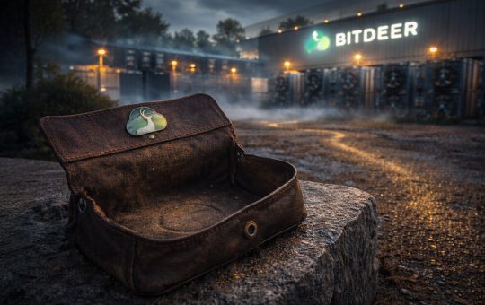 Empty leather wallet in front of a Bitdeer bitcoin mining facility at night, symbolizing Bitdeer selling its entire BTC stash