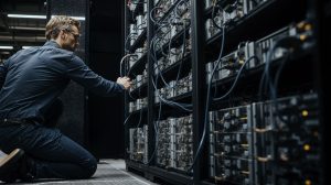 Engineer adjusting Bitcoin mining servers in a data center amid network power struggle over anti-spam proposal and disputed node support