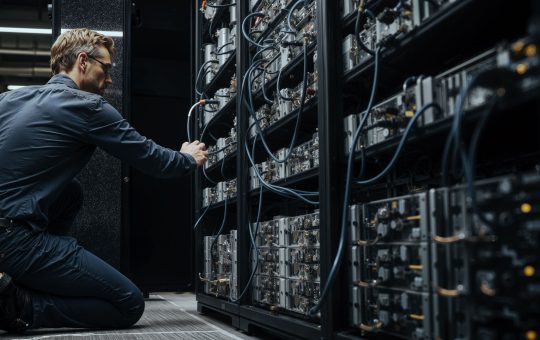 Engineer adjusting Bitcoin mining servers in a data center amid network power struggle over anti-spam proposal and disputed node support