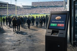 Crowd entering a packed stadium beside a sports prediction kiosk highlights how booming demand for betting markets could strain and destabilize the industry