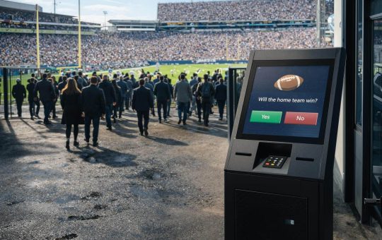 Crowd entering a packed stadium beside a sports prediction kiosk highlights how booming demand for betting markets could strain and destabilize the industry
