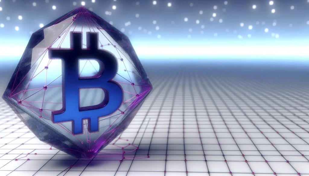 Quantum-resistant Bitcoin structure with crystalline geometry and encryption pathways in blue and magenta