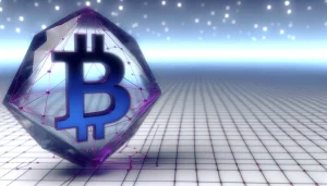 Quantum-resistant Bitcoin structure with crystalline geometry and encryption pathways in blue and magenta