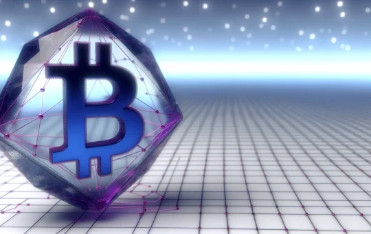 Quantum-resistant Bitcoin structure with crystalline geometry and encryption pathways in blue and magenta