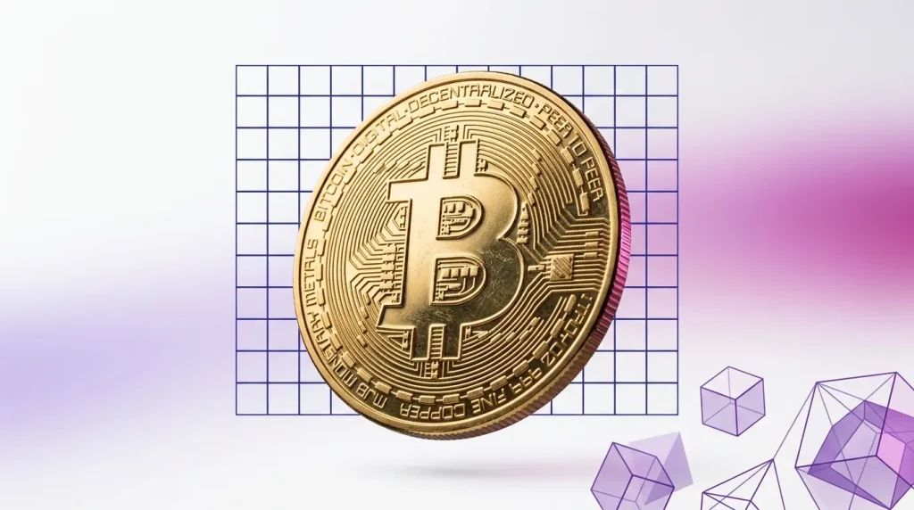Bitcoin coin with purple gradient and grid overlay representing market volatility and geopolitical impact