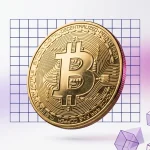 Bitcoin coin with purple gradient and grid overlay representing market volatility and geopolitical impact