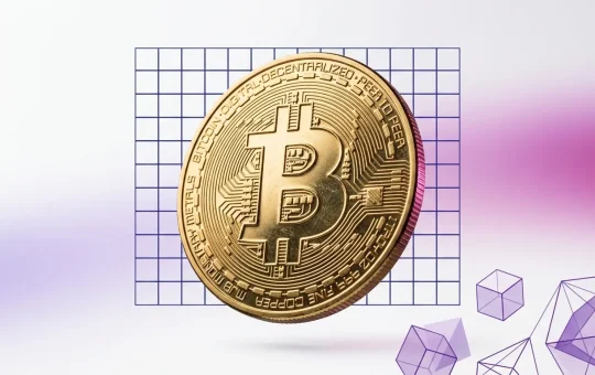 Bitcoin coin with purple gradient and grid overlay representing market volatility and geopolitical impact