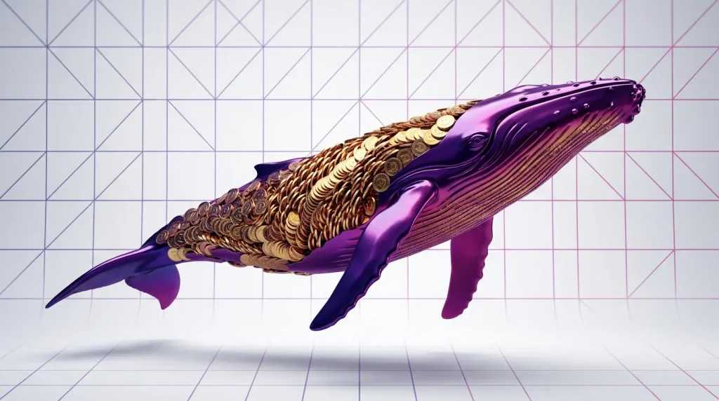 Dogecoin whale accumulation visualization with chrome whale and gold DOGE coins in purple gradient grid