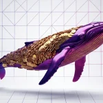 Dogecoin whale accumulation visualization with chrome whale and gold DOGE coins in purple gradient grid