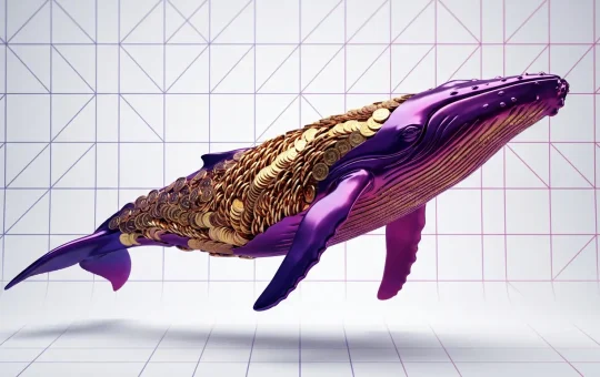 Dogecoin whale accumulation visualization with chrome whale and gold DOGE coins in purple gradient grid