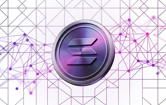Solana cryptocurrency coin with purple and magenta network connections on white grid background