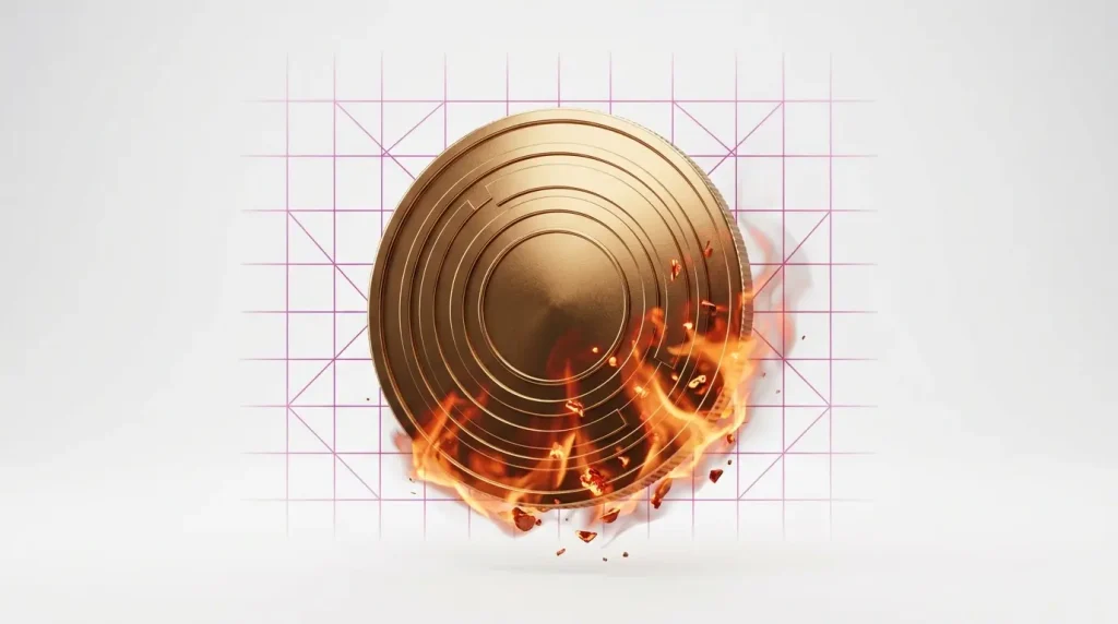 PUMP cryptocurrency coin with burning flames and magenta gradient tech grid background