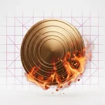 PUMP cryptocurrency coin with burning flames and magenta gradient tech grid background
