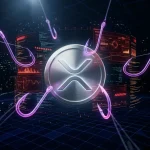 XRP cryptocurrency coin surrounded by digital phishing hooks and cybersecurity threats in dark tech environment