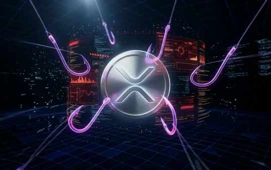 XRP cryptocurrency coin surrounded by digital phishing hooks and cybersecurity threats in dark tech environment