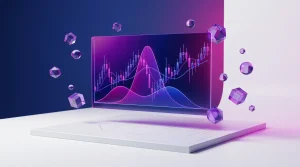 Holographic prediction market chart with purple gradients on minimalist tech platform