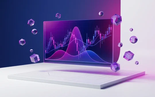 Holographic prediction market chart with purple gradients on minimalist tech platform