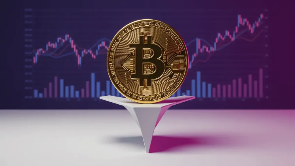 Bitcoin coin balanced on edge symbolizing critical price decision point with purple gradient lighting