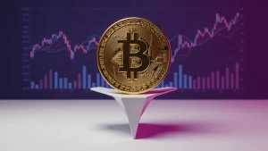 Bitcoin coin balanced on edge symbolizing critical price decision point with purple gradient lighting