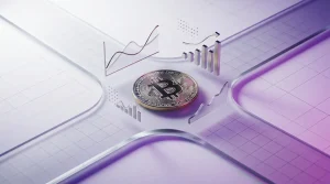 Bitcoin coin with economic data transmission pathways and purple gradient lighting on white background
