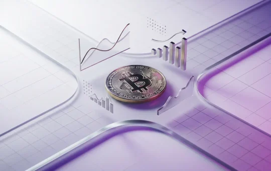 Bitcoin coin with economic data transmission pathways and purple gradient lighting on white background