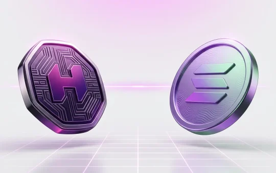 Hyperliquid vs Solana cryptocurrency comparison visual with gradient-lit metallic tokens
