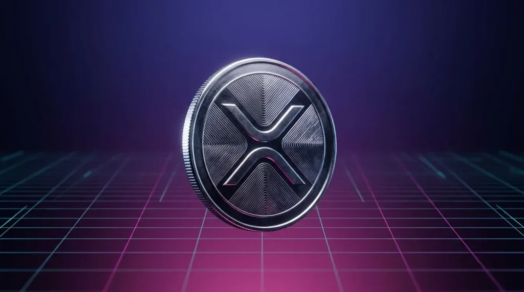XRP coin in dramatic studio lighting with purple-magenta gradient and digital grid background