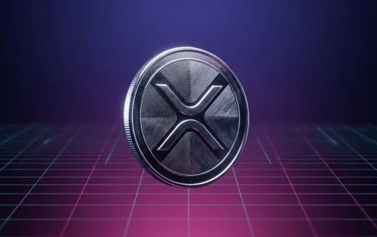 XRP coin in dramatic studio lighting with purple-magenta gradient and digital grid background